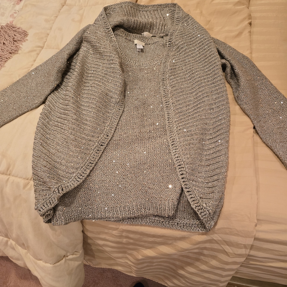 Chico's Metallic Champagne Open-Front Cardigan With Tank Top